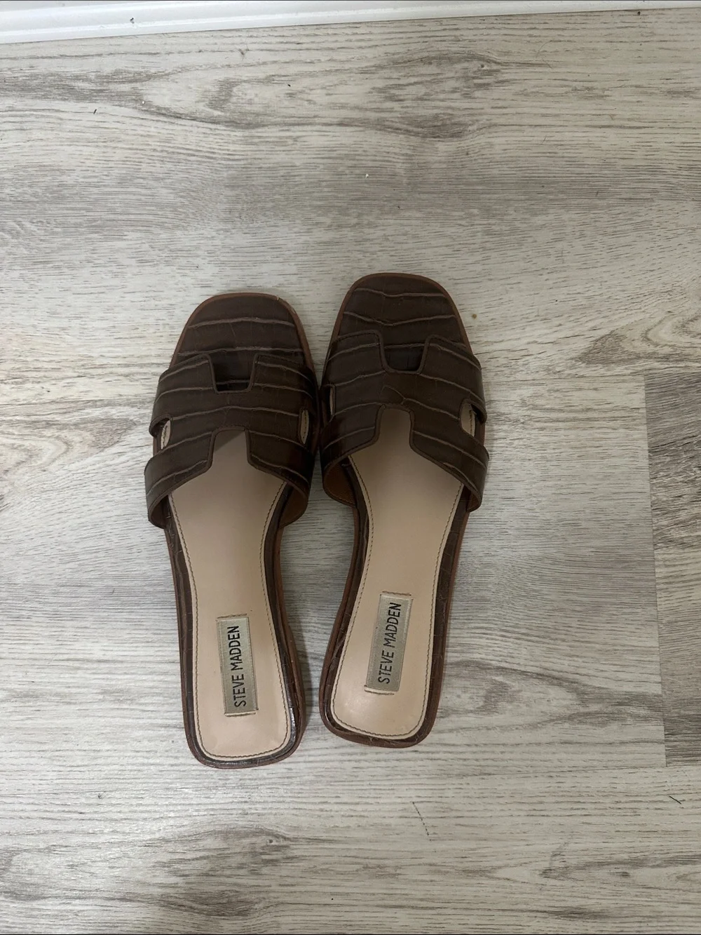 Steve Madden Brown Croc-Embossed Slide Mules